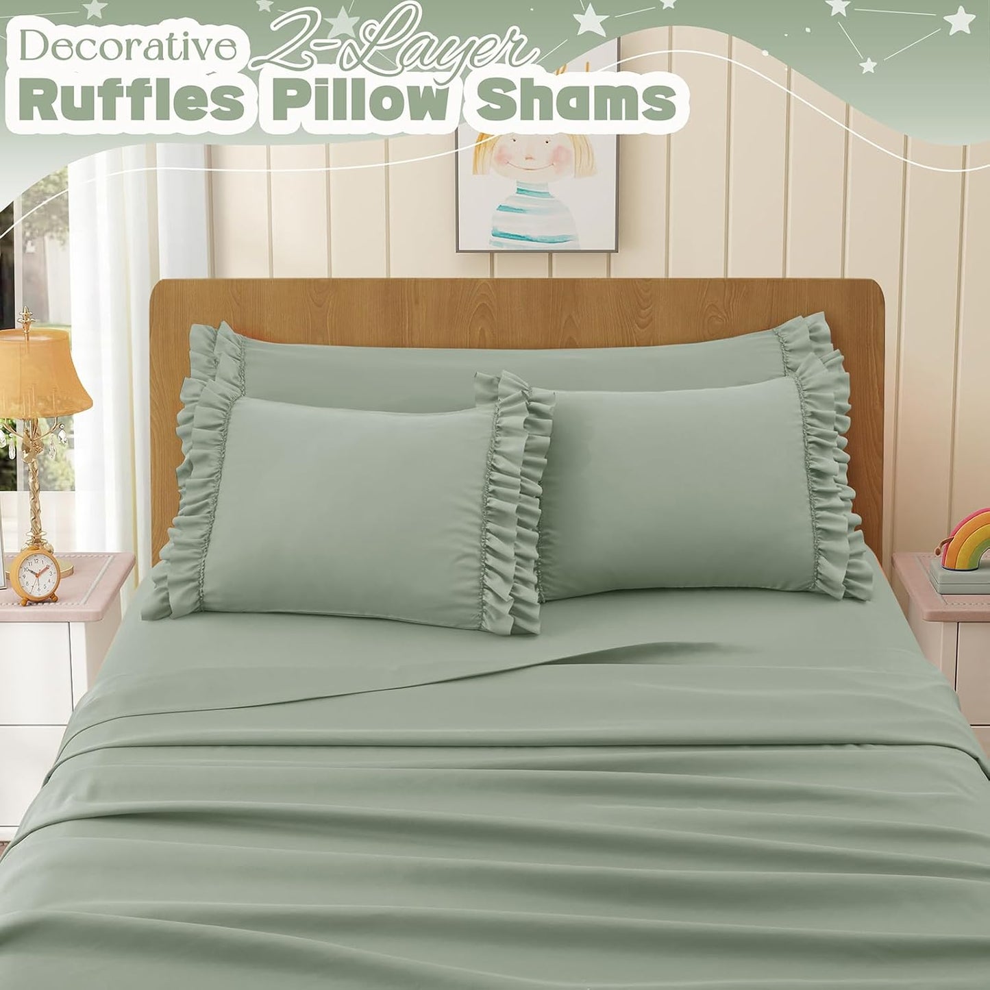 Ruffled Pillow Cases Set of 2, King Microfiber Pillowcases, Decorative Ruffle Pillow Covers with Envelope Closure, 20X36 Inches Sage Green Boho Pillow Shams