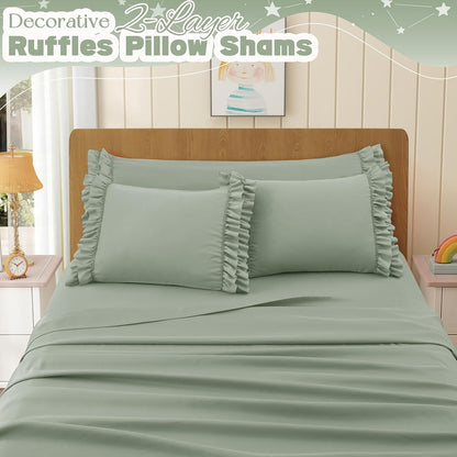 Ruffled Pillow Cases Set of 2, King Microfiber Pillowcases, Decorative Ruffle Pillow Covers with Envelope Closure, 20X36 Inches Sage Green Boho Pillow Shams