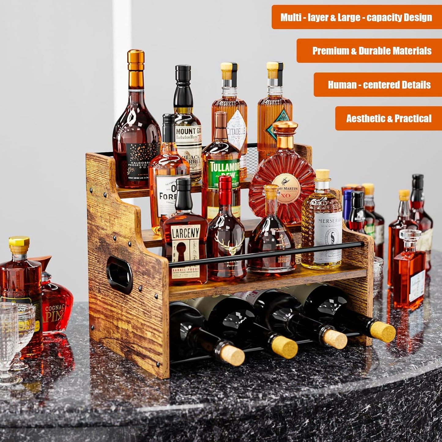 4-Tier Wood Display Shelf, Black Modern Bottle Organizer, Countertop Bar Stand for Liquor, Coffee Syrup, (Brown)