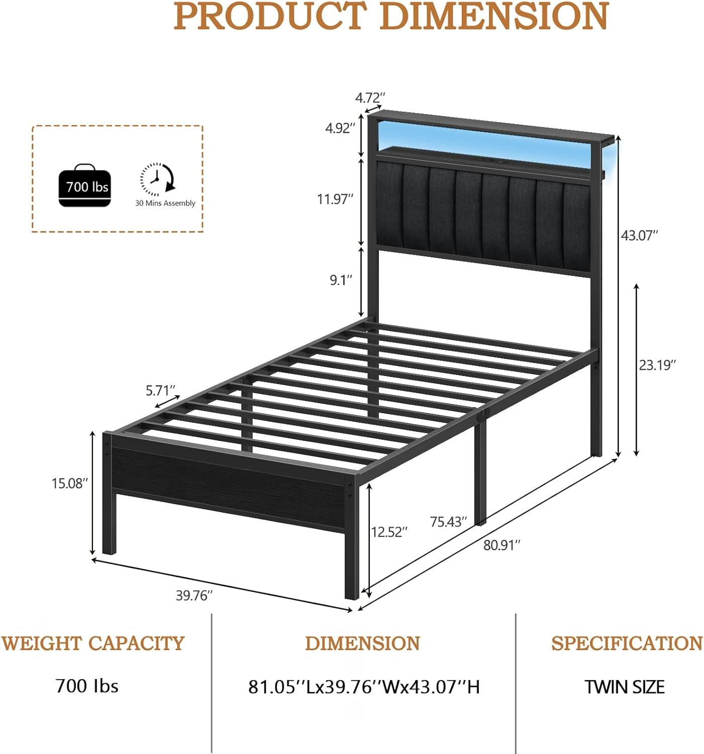 Twin Size Bed Frame with Charging Station and LED Lights, Platform Bed with Metal Slats, Grey Upholstered Headboard with 2-Tier Storage Shelves, No Box Spring Needed