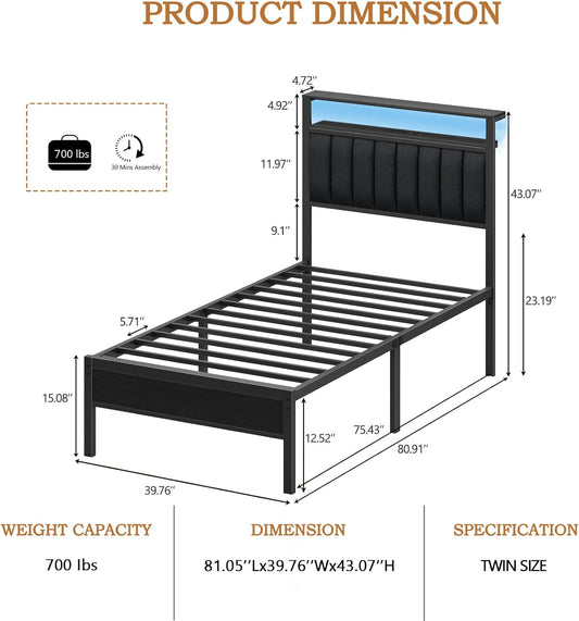 Twin Size Bed Frame with Charging Station and LED Lights, Platform Bed with Metal Slats, Grey Upholstered Headboard with 2-Tier Storage Shelves, No Box Spring Needed