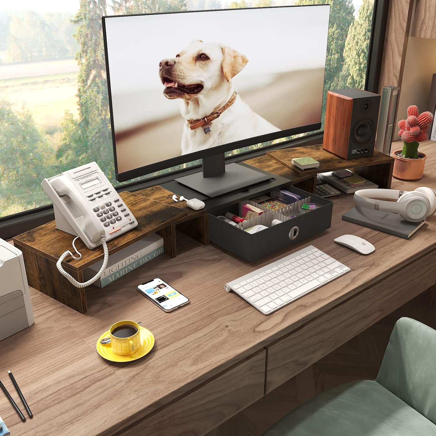 Triple Dual Monitor Stand Riser with Drawer,Extra Large Adjustable for 2~3 Monitors,Solt for Phone & Tablet, Desktop Organizer Stand for Computer,Laptop,Printer,Tv