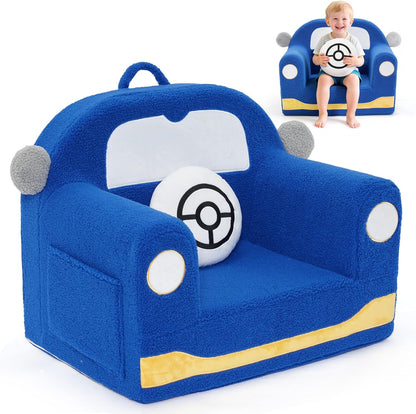 Toddler Chair for Ages 1–6, Soft Sherpa Kids Sofa with Book Pocket & Carry Handle, Comfy Single-Seat Couch for Playroom or Bedroom, Birthday Gift for Boys (Car)