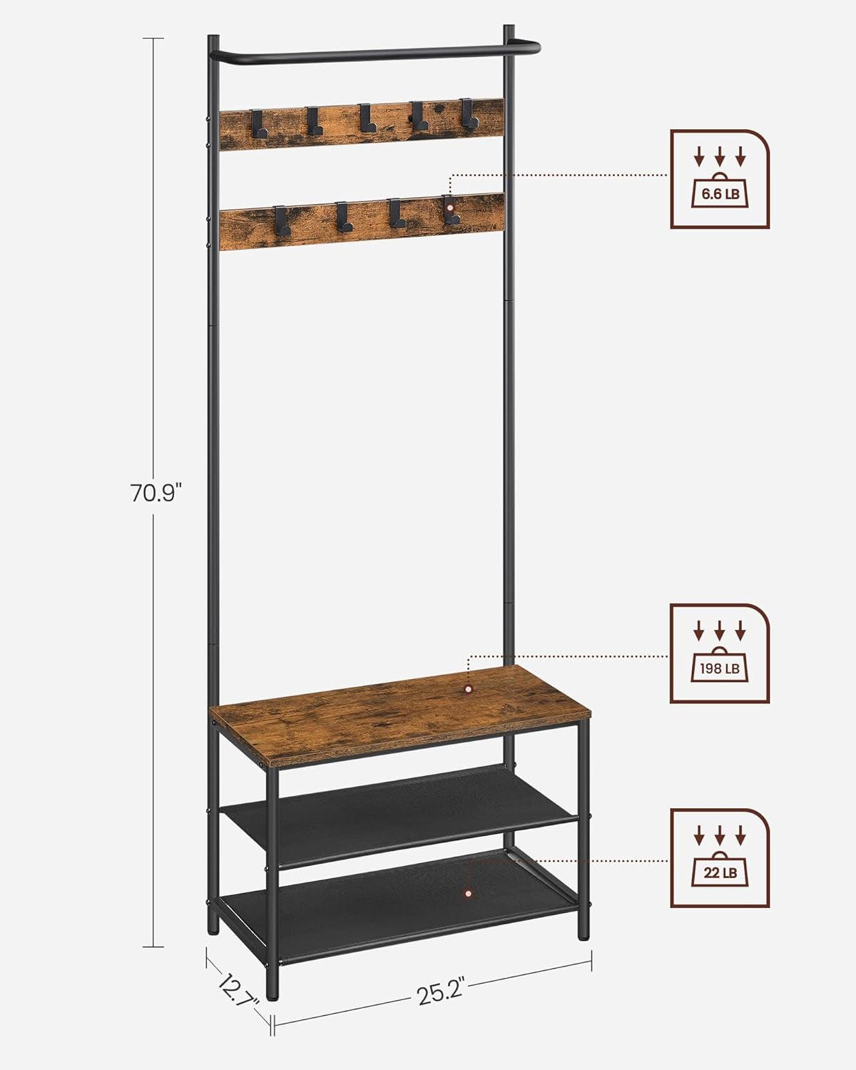 Hall Tree with Bench and Shoe Storage, Entryway Bench with Coat Rack Stand and Shoe Rack, 9 Movable Hooks, Top Bar, Fabric Shelves, Industrial, Rustic Brown and Black UHSR411B01
