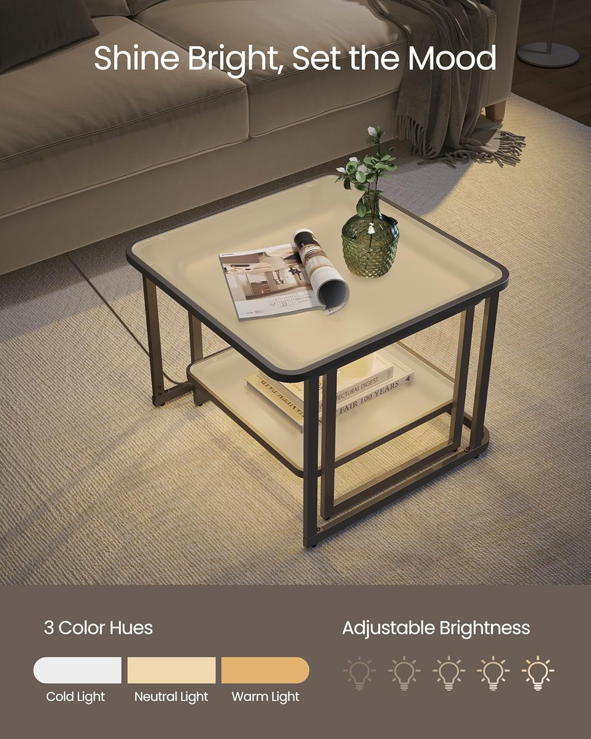 Nesting Tables Set of 2, Frosted Glass Coffee Table with LED Lights, Modern Square Side Tables with Bottom Shelf, for Living Room, Bedroom, Office, Cloud White and Ink Black ULCT246B01