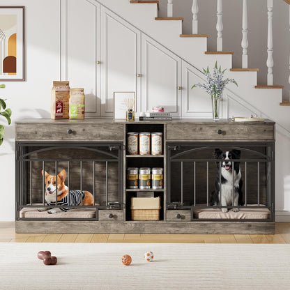 Dog Crate Furniture for 2 Dogs, Dog Kennel Indoor with Storage and Feeding Bowls, Double Dog Crate TV Stand for Small Medium Dogs, Grey