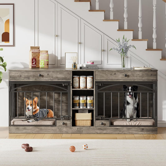 Dog Crate Furniture for 2 Dogs, Dog Kennel Indoor with Storage and Feeding Bowls, Double Dog Crate TV Stand for Small Medium Dogs, Grey