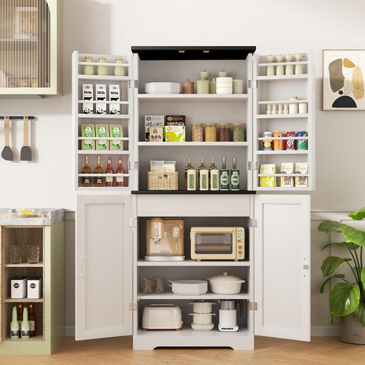 Kitchen Pantry Cabinet, Freestanding Farmhouse Storage Cabinet with 8 Door Shelves, 2 Cabinets and 1 Drawer, Tall Cupboard for Kitchen, Living Room, Dining Room and Bathroom, White