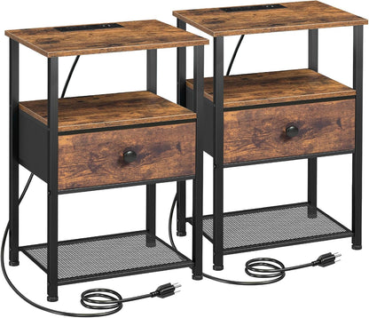 Night Stand Set 2, Nightstand with Charging Station, End Tables Living Room with Fabric Drawer for Small Spaces, Bed Side Tables with Storage Shelf for Bedroom, Rustic Brown HETS010PBR