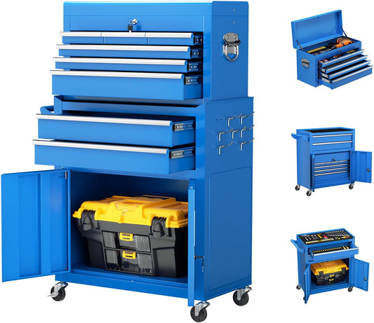 8-Drawer Rolling Tool Chest with Lock, Detachable Tool Cabinet Cart with Wheels, High-Capacity Mechanic Tool Organizer for Garage Workshop Warehouse Storage​