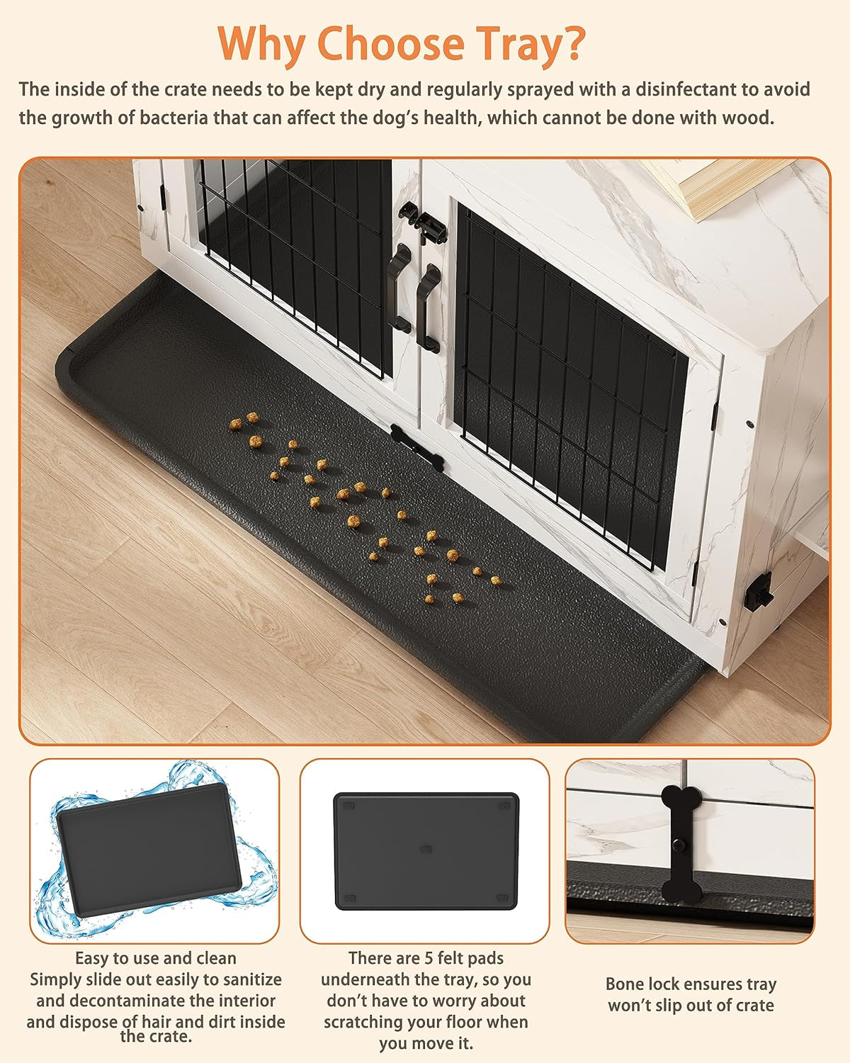 Wooden Dog Crate Furniture with 360°Rotatable Removable Dog Bowls, Dog Crate End Table with Tray, Double Doors Dog Kennels for Dogs(Xl:43.2" L*28.6" W*30.3" H, Marble White)