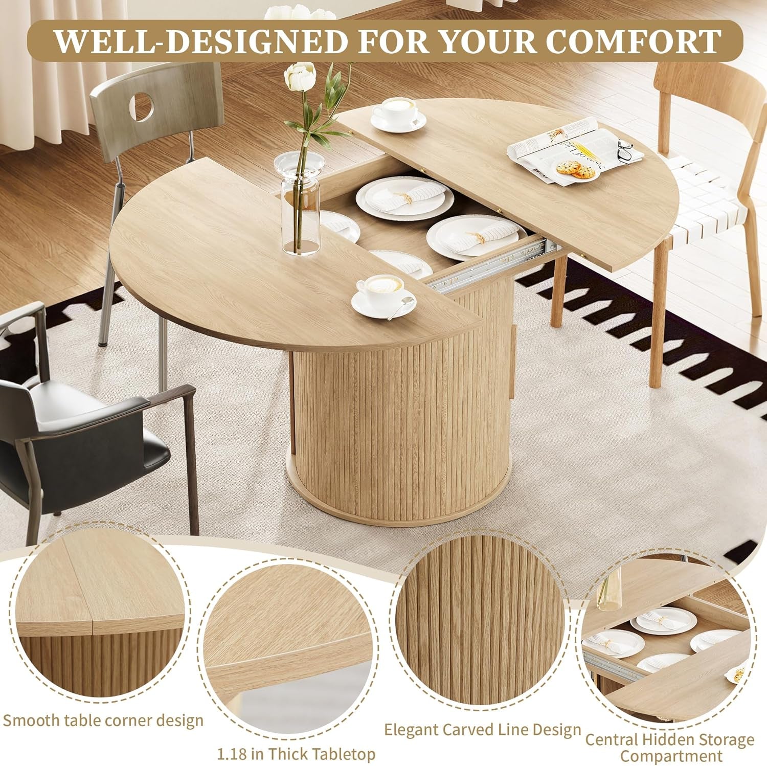 43"-59" Extendable round to Oval Dining Table with Hidden Storage, Modern Wooden Kitchen Table with Fluted Sliding Door Cabinet, Expandable Dinner Table for Dining Room Living Room (Natural)