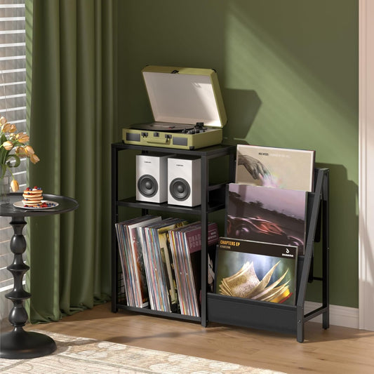 Black End Table,Record Player Stand with Vinyl Storage,3 Tier Side Table with Display Shelf Storage up to 150 Albums,Industrial Large Record Holder Cabinet for Living Room