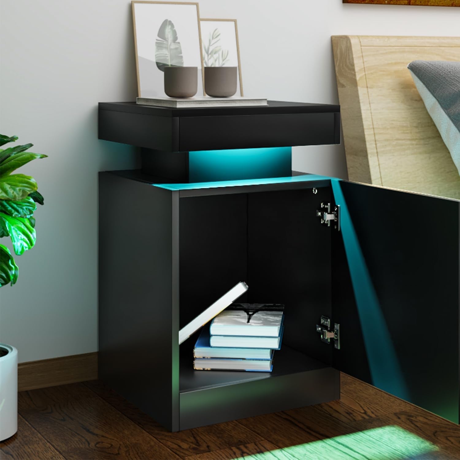 Nightstand Set of 2 with LED Lights,Night Stand with Storage Cabinet for Bedroom,Bedside Table with LED, Black