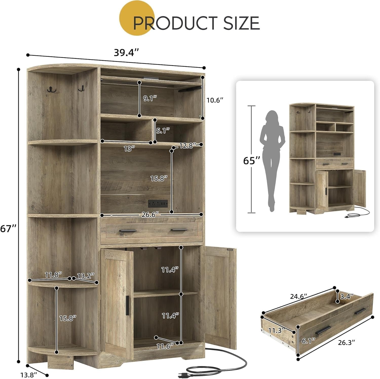 Kitchen Pantry Storage Cabinet, 67" Tall Kitchen Hutch with Outlet & Door & Shelves & Drawer, Farmhouse Wooden Microwave Stand Buffet Coffee Bar for Home Living Dining Room, Antique Gray