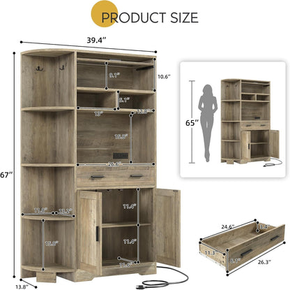 Kitchen Pantry Storage Cabinet, 67" Tall Kitchen Hutch with Outlet & Door & Shelves & Drawer, Farmhouse Wooden Microwave Stand Buffet Coffee Bar for Home Living Dining Room, Antique Gray