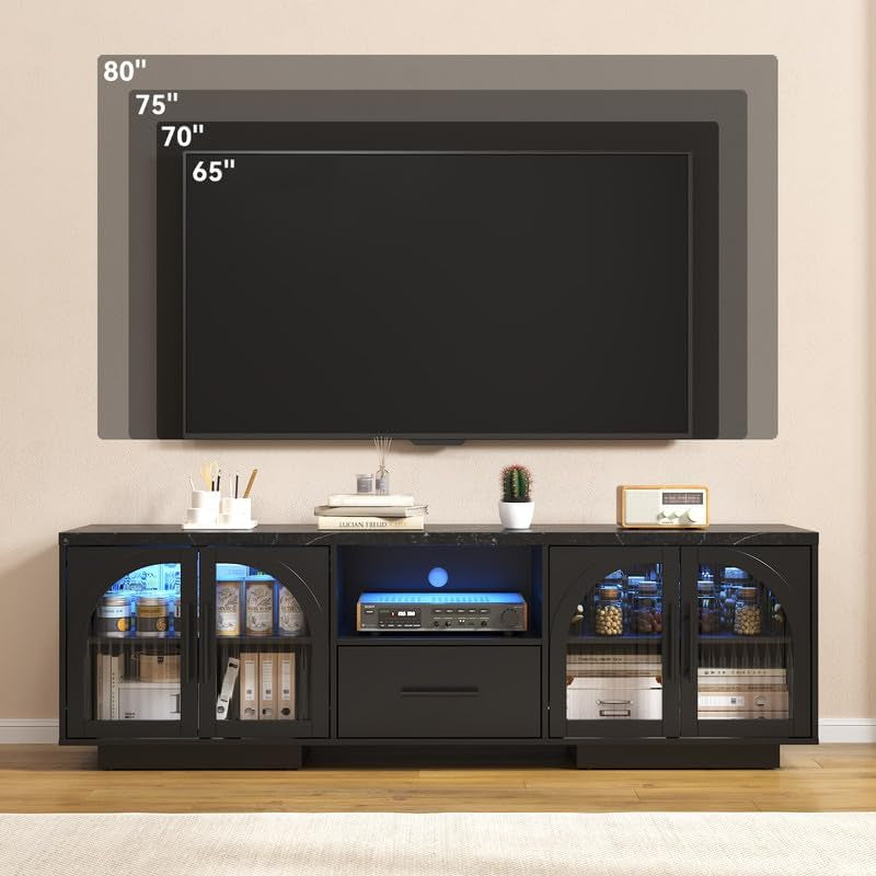 70" LED TV Stand with Storage for 75/80" Tvs, Faux Marble Entertainment Center with Arched Fluted Glass Doors - Modern Television Stands Console for Living Room, Bedroom, Black