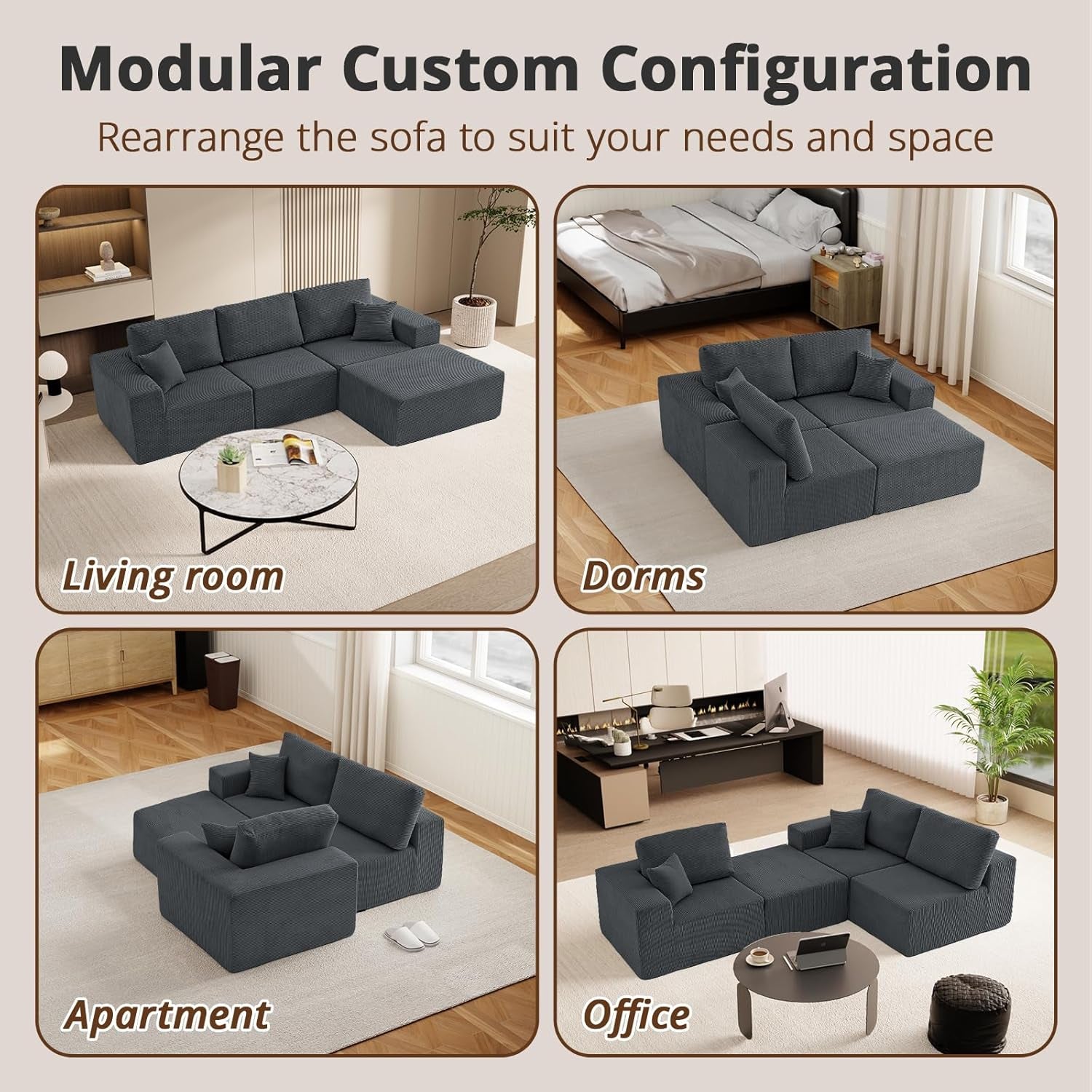 Modular Sectional Couch Modern 108" L Shaped Boneless Cloud Couch with Deep Seat, Sectional Sofa for Living Room Bedroom Apartments Dorms, No Assembly Required, Dark Grey