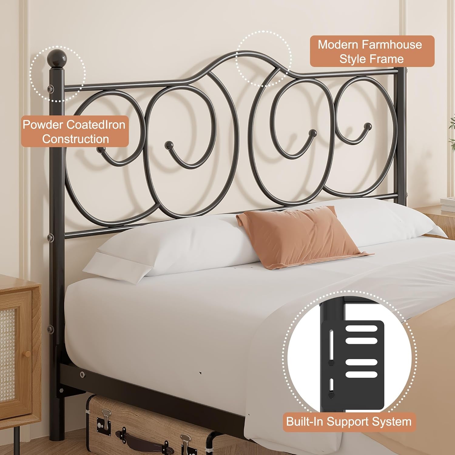 Metal Full Size Headboard, Heavy Duty Curved Headboard Only Height Adjustable, Easy to Assembly, Farmhouse Victorian Style for Bedroom - Black, Full