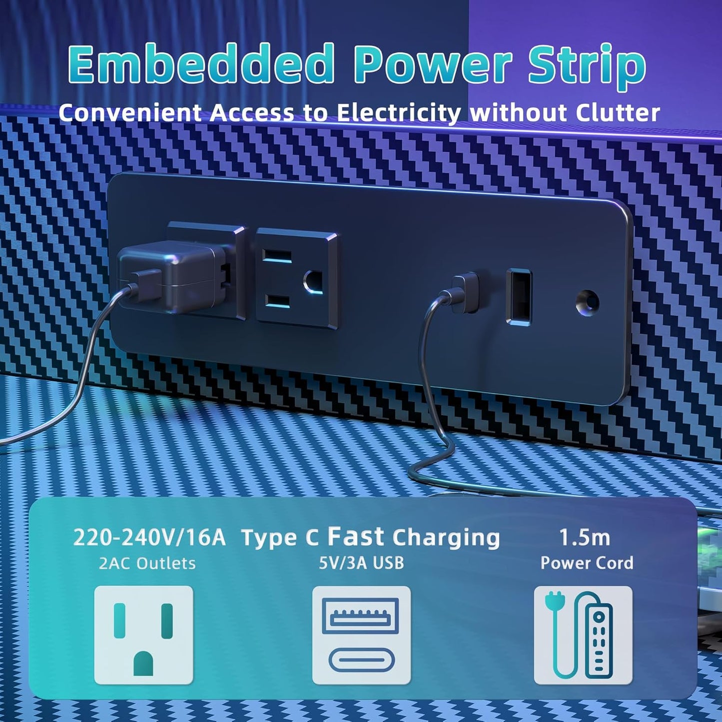 Gaming Desk 40 Inch with Power Outlet and LED Light, Computer Desk with Reversible Shelves and Storage Drawer, Small PC Desk for Home Office Table with Bag, Carbon Fiber Black