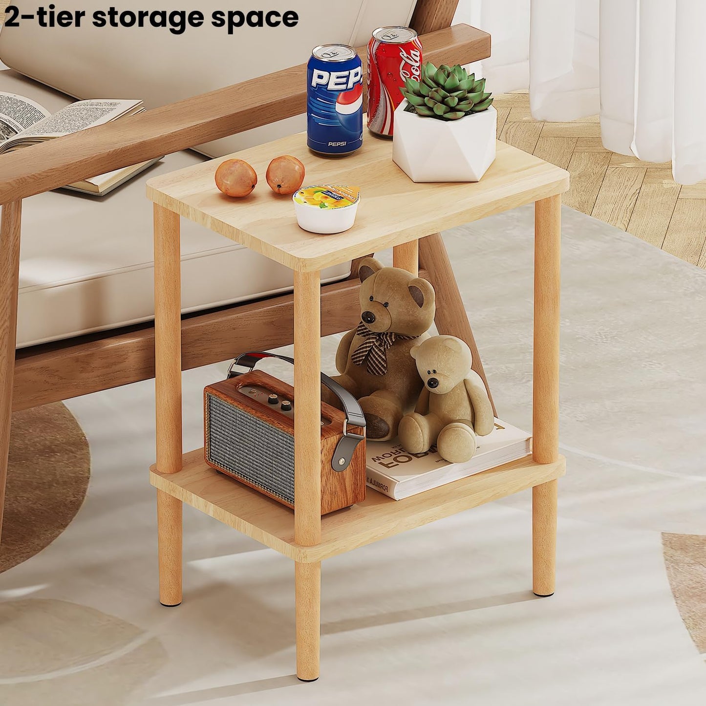Solid Wood Side Table, 2-Tier Small End Table with Storage Shelf, Narrow Nightstand Bedside Table for Small Spaces, Bedroom, Living Room, Farmhouse, No-Tool Assembly.