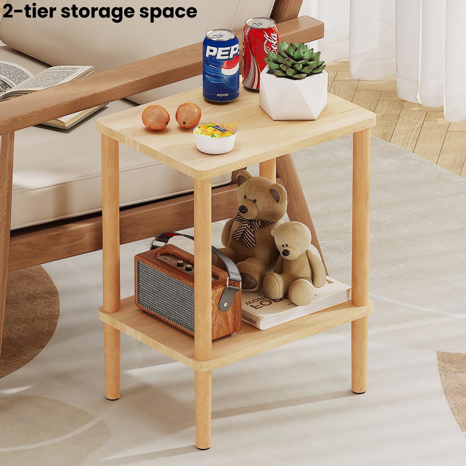 Solid Wood Side Table, 2-Tier Small End Table with Storage Shelf, Narrow Nightstand Bedside Table for Small Spaces, Bedroom, Living Room, Farmhouse, No-Tool Assembly.