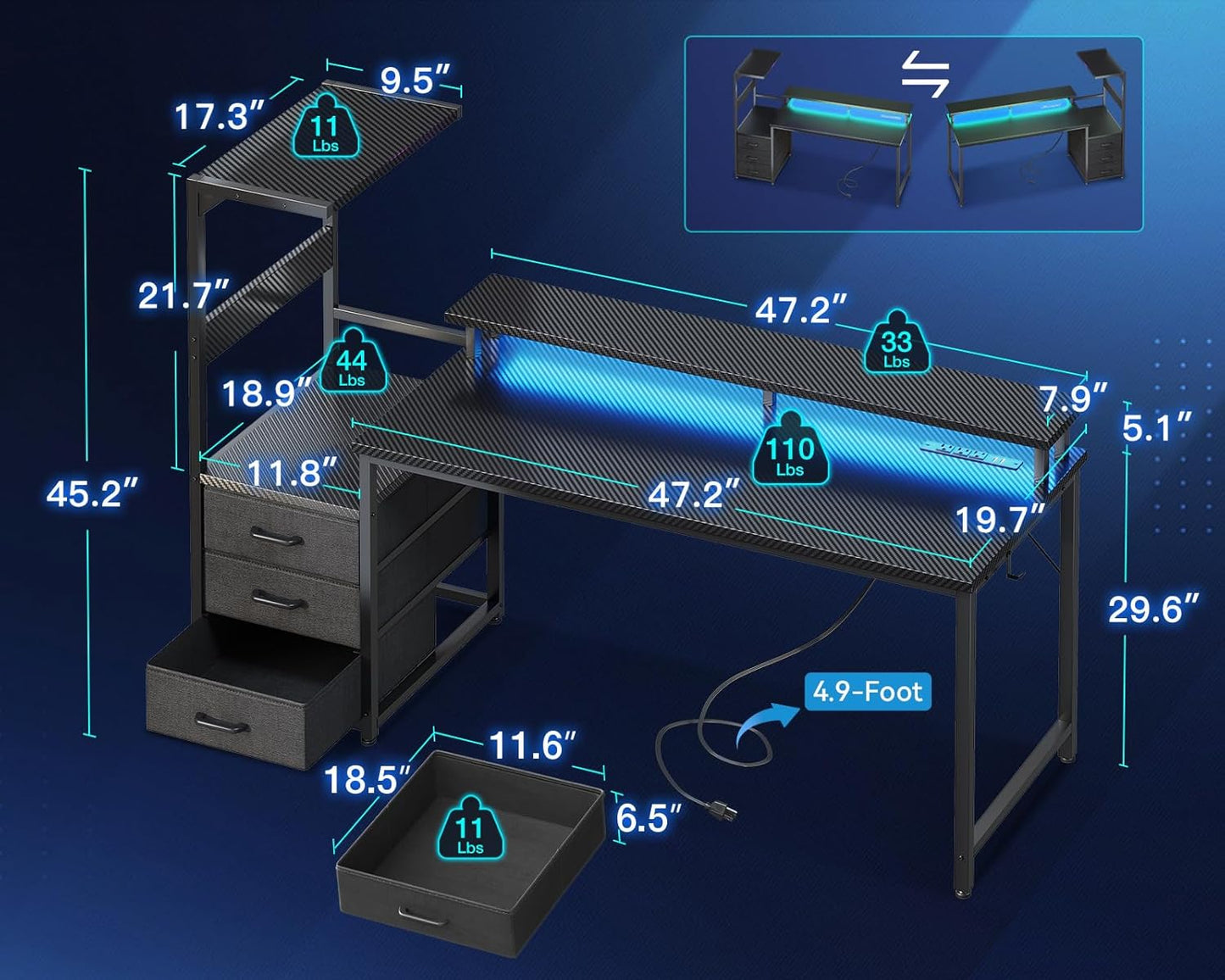 59 Inch Gaming Desk with USB Charging Ports & LED Light - Reversible Computer Desk with 3 Fabric Drawers, Monitor Stand, CPU Stand, and Side Hook, Modern Office Desk, Black