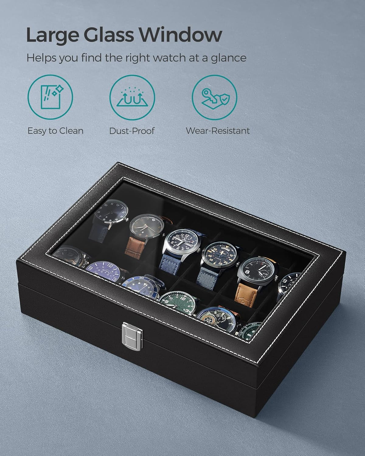 Watch Box Bundle, 12-Slot Watch Case with Glass Lid, Watch Holder with Removable Watch Pillow, Velvet Lining, Metal Clasp, Watch Display, Black UJWB12BK and UJWB012B01