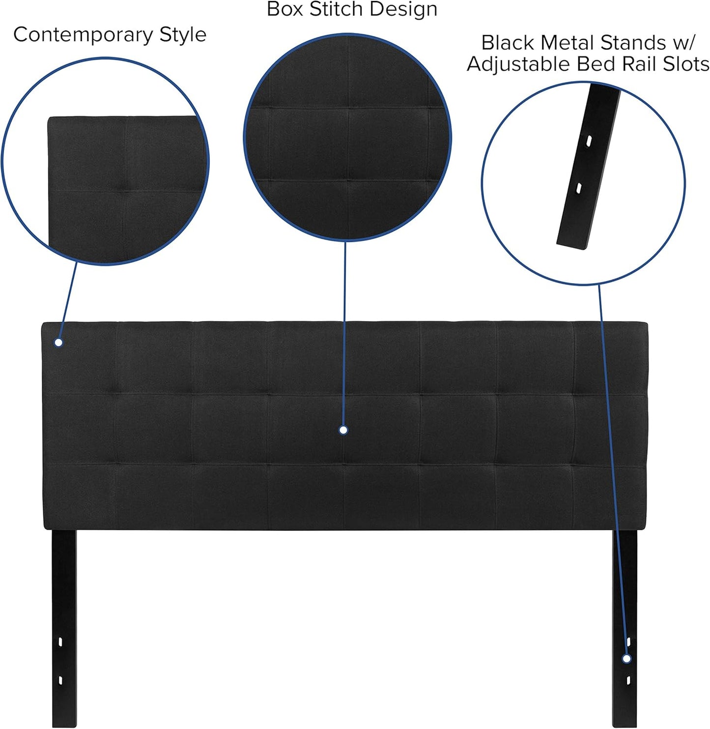 Quilted Tufted Upholstered Queen Size Headboard in Black Fabric