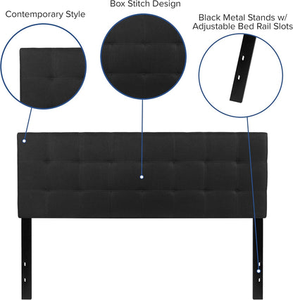 Quilted Tufted Upholstered Queen Size Headboard in Black Fabric