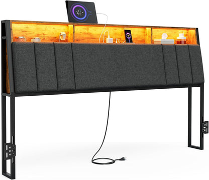 Hidden Storage Headboard King Size with Charging Station, Ergonomic Upholstered King Headboard Only with LED Lights, 2 Outlets & 2 USB Ports, Attach Frame, Easy Assembly, Dark Grey
