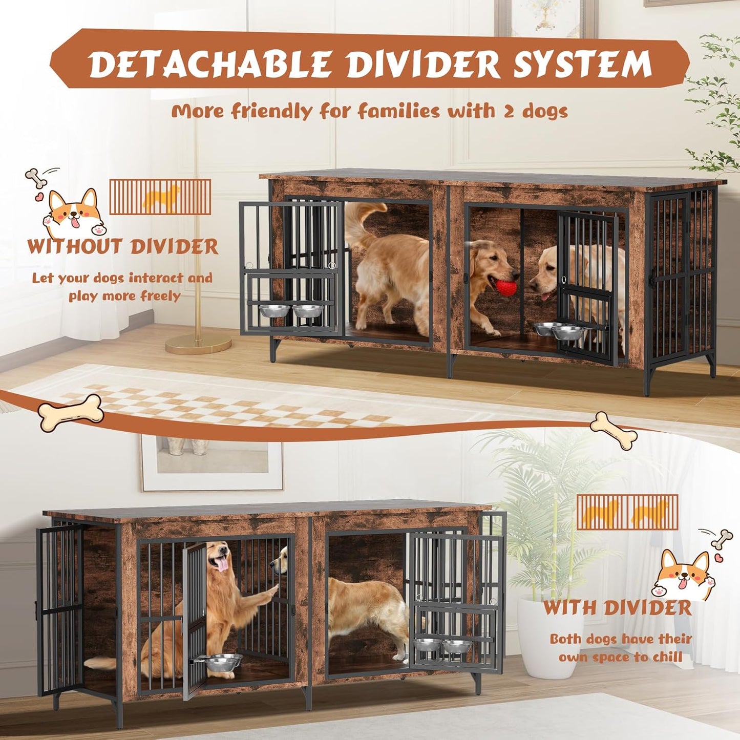 63'' Double Dog Crate Furniture for 2 Dogs, Wooden Dog Kennel with Removable Divider, XL Dog House Indoor with Rotating Bowl Holders, Heavy Duty Dog Crate TV Stand (62.9" X 23.6" X 27.9")