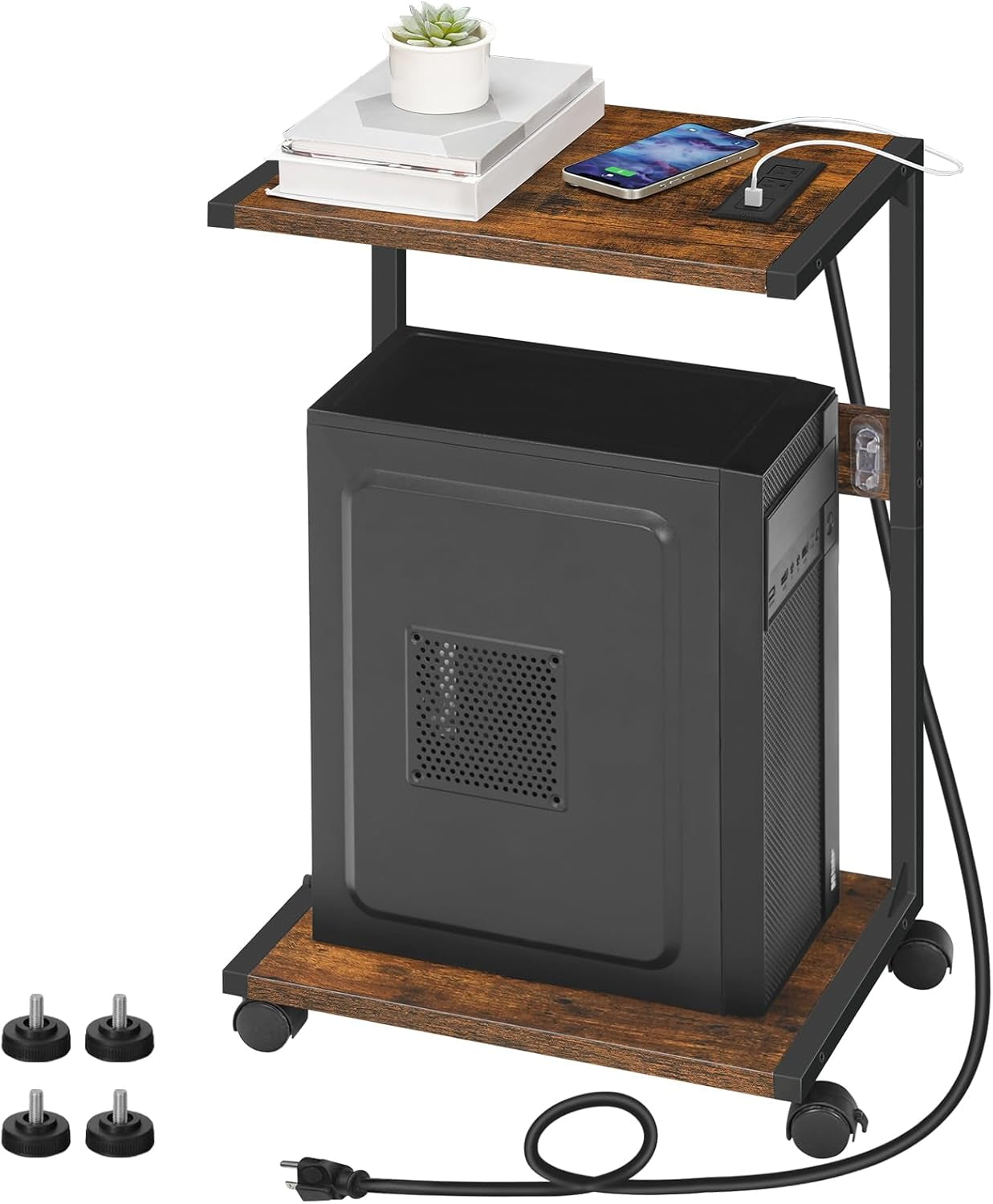 Computer Tower Stand, PC Stand with Charging Station, 2-Tier PC Tower Stand with Locking Caster Wheels, CPU Stand Fits Most Pcs, PC Stand for Floor, for Home Office Rustic Brown BF01UCJ01G1