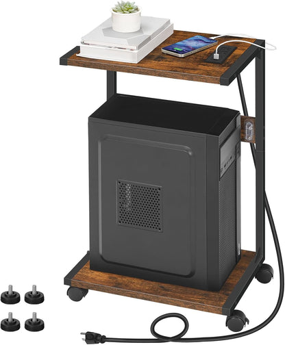 Computer Tower Stand, PC Stand with Charging Station, 2-Tier PC Tower Stand with Locking Caster Wheels, CPU Stand Fits Most Pcs, PC Stand for Floor, for Home Office Rustic Brown BF01UCJ01G1