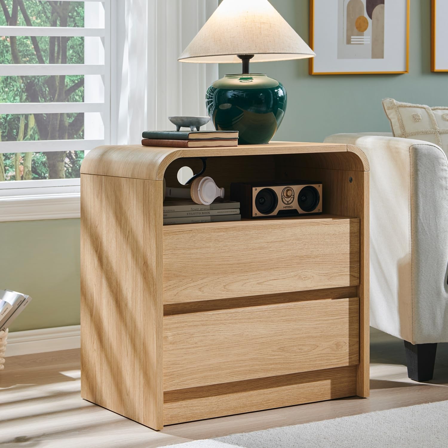 25" Tall Modern Nightstand Set of 2, 23.6'' Wide Wood Bedside Table W/2 Storage Drawers, Charging Station, Mid Century End Table for Bedroom, Living Room,Curved Profile Design, Natural Oak