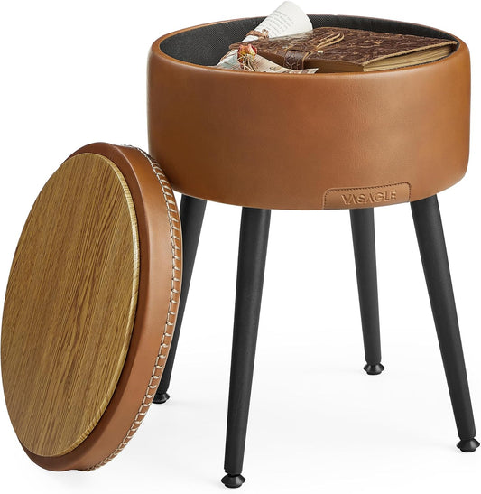EKHO Collection - Storage Ottoman, Vanity Chair Stool, Synthetic Leather with Stitching, Mid-Century Modern, round Storage Seat with Steel Legs, Loads 330 Lb, Caramel Brown ULOM005K01