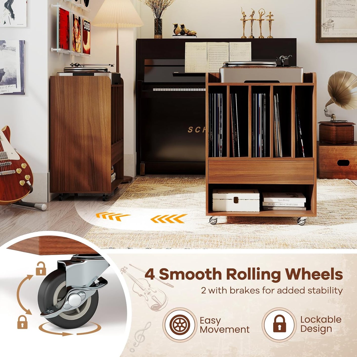 Record Player Stand, Rolling Turntable Stand with Drawer & Lockable Wheels, Record Player Table Holds up to 150 Albums, Vinyl Record Storage for Living Room Bedroom, Walnut