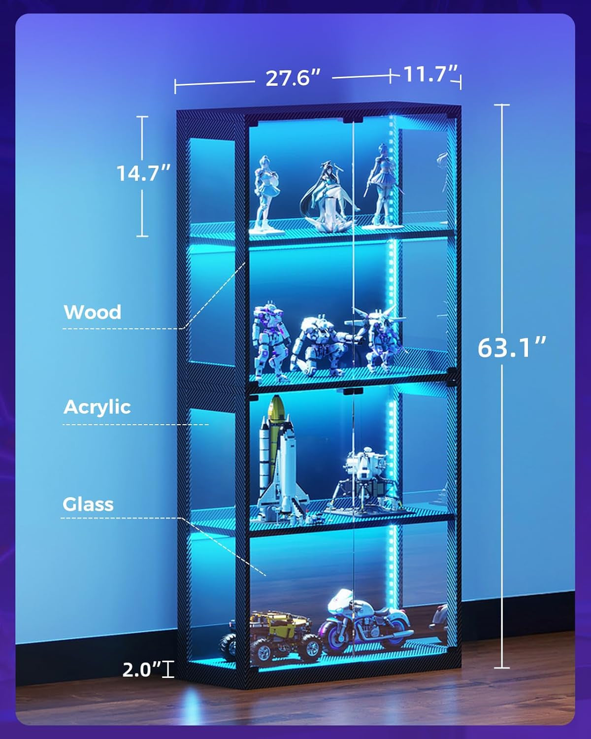 Display Cabinet with RGB Lights, 4-Tier Display Case with Glass Doors and Storage Shelves, Glass Cabinet Shelf for Collectibles and Gamers, Black Curio Cabinet for Game Room