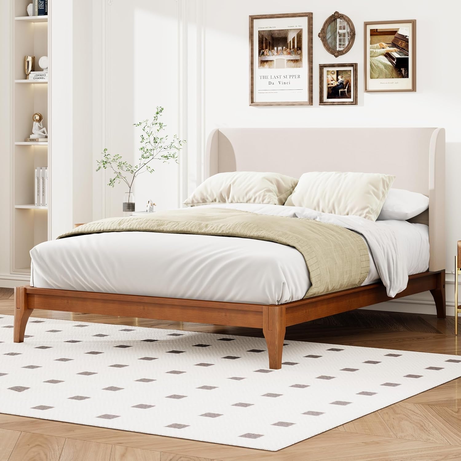 Ceyety King Size Wingback High Headboard, Upholstered Linen Fabric Headboard, Bamboo Wood, Easy Assembly, 48''H, Tan