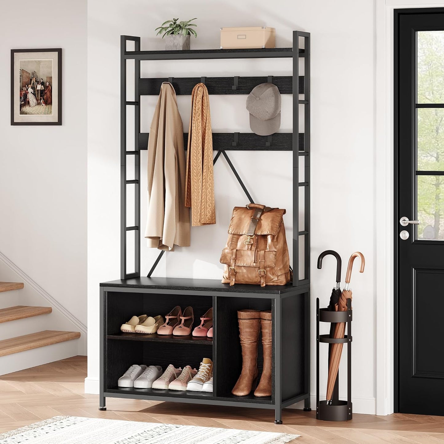 Hall Tree with Bench and Coat Rack, 36.41" Entryway Shoe Bench with 17 Hooks, Drawers and Top Shelf, 5-In-1 Freestanding Storage Organizer for Entryway, Mudroom, Black