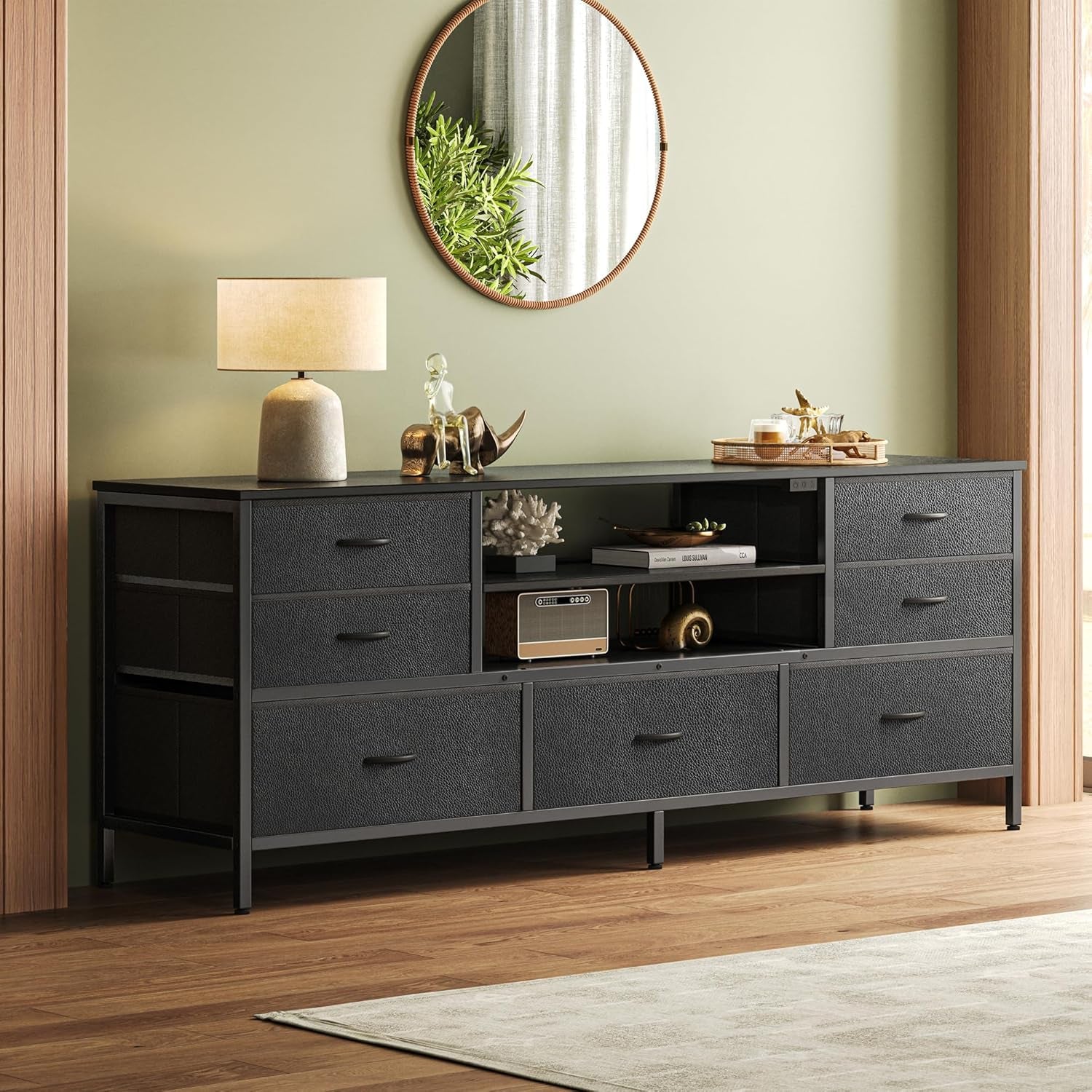 Dresser for Bedroom with Power Outlets and LED Lights, 7 Drawers TV Stand for 60 Inch TV, Console with Open Shelf, 55 Inches Wide Black, PU Leather