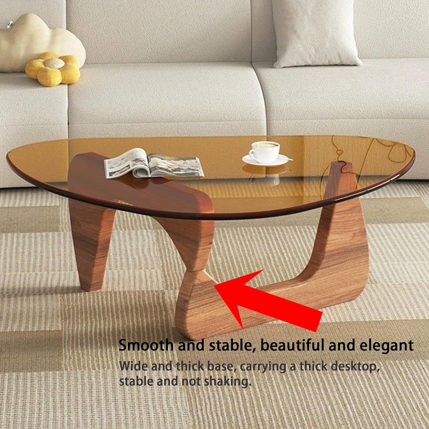 Modern Glass Coffee Table, 32.68" D X 22.44" W X 15.75" H, Abstract round Tea Tables for Living Room Home Office Industrial Cocktail Tables (Walnut-Brown Glass, 32.68")