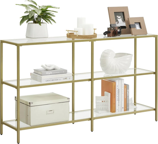 51.2 Inch Console Table with 3 Shelves, Sofa Tables, Modern Entryway Table, Metal Frame, Tempered Glass Shelf, Entryway Living Room Bedroom, Metallic Gold and Transparent ULGT024A01