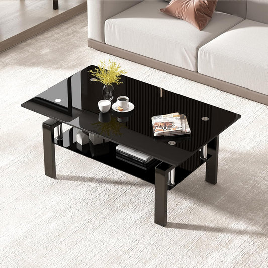 Glass Coffee Table Set of 3, Modern Black Living Room Tables, Coffee and End Tables, 3Pcs Coffee Table Set for Living Room (All Black Set of 3)