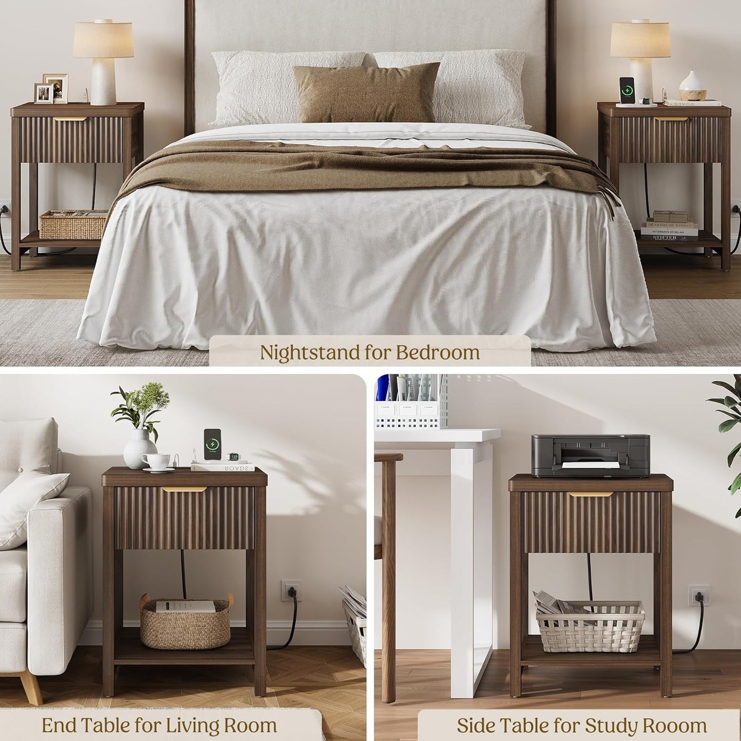 Night Stand Set 2, Fluted Nightstand with Charging Station, Wood Modern Bedside End Table with Storage Drawer for Bedroom, save Space (Set of 2, Walnut)