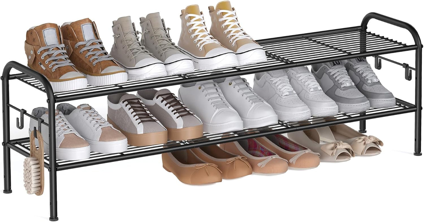 Shoe Rack, 2-Tier Shoe Organizer, Metal Shoe Shelf Storage with 4 Side Hooks, Holds 12 Pairs of Shoes, Height-Adjustable Shoe Rack for Entryway, Hallway, Closet, Easy Assembly, Ink Black