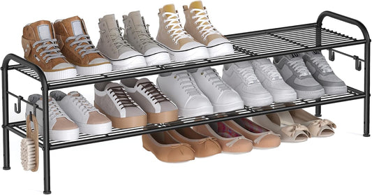 Shoe Rack, 2-Tier Shoe Organizer, Metal Shoe Shelf Storage with 4 Side Hooks, Holds 12 Pairs of Shoes, Height-Adjustable Shoe Rack for Entryway, Hallway, Closet, Easy Assembly, Ink Black