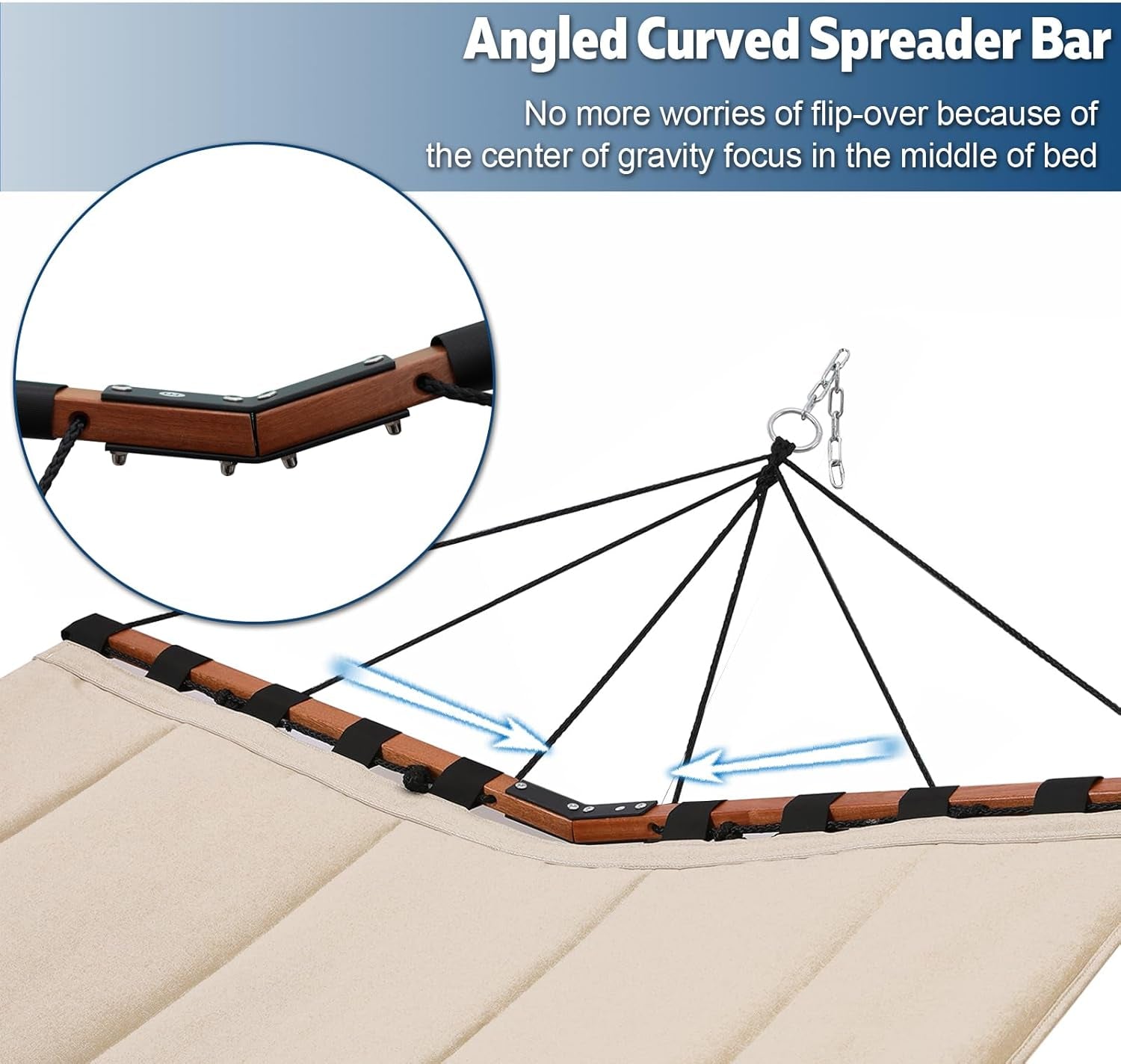 12FT 2 Person Hammock with V Shaped Hardwood Spreader Bar & Nylon Rope for Outside, Patio, Garden, Backyard, Beach, Poolside, 450LB Capacity, 55In X 79In - Beige