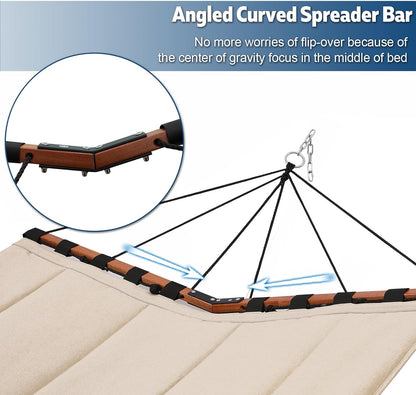 12FT 2 Person Hammock with V Shaped Hardwood Spreader Bar & Nylon Rope for Outside, Patio, Garden, Backyard, Beach, Poolside, 450LB Capacity, 55In X 79In - Beige