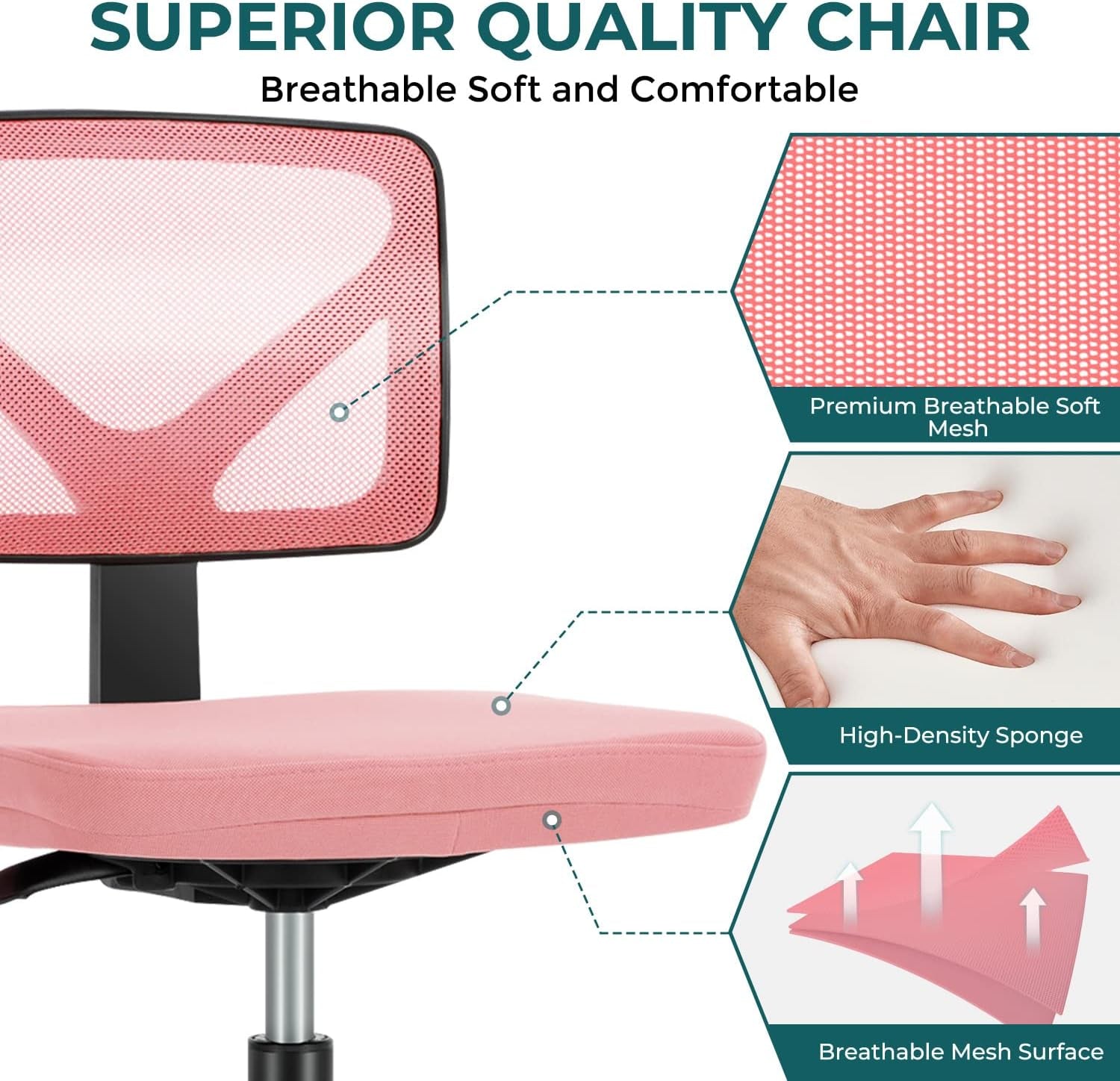 Armless Desk Chairs with Wheels, Ergonomic Adjustable Home Office Swivel Rolling Task Chair No Arms, Comfy Mesh Mid Back Computer Work Vanity Desk Seat for Small Spaces, Light Pink